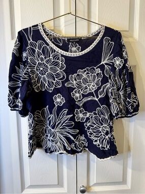Solitaire Navy Blue Top with White Floral Embroidery